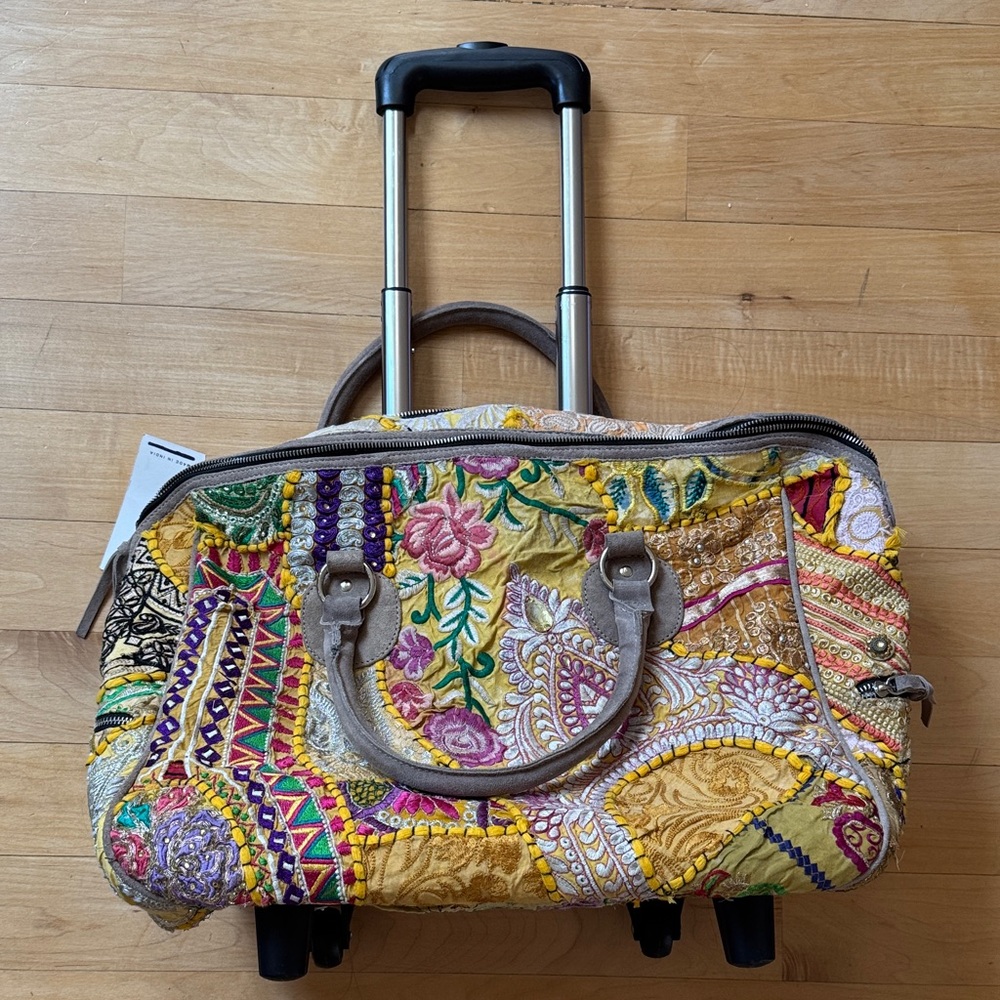 Yellow Embroidered Rolling Weekender Bag